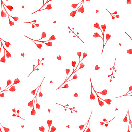 Watercolor red branches with hearts, vector seamless pattern