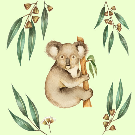 Watercolor Koala and the eucalyptus branches. Vector illustration.のイラスト素材