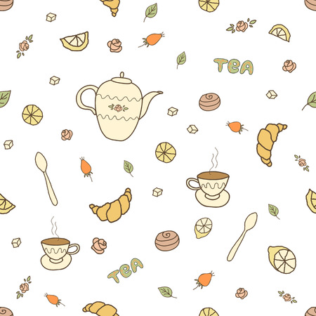 Tea, coffee and sweets, vector seamless pattern.のイラスト素材