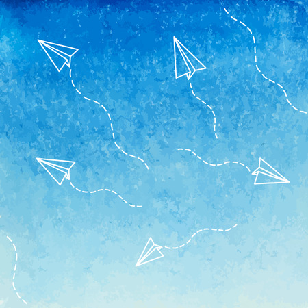 Paper airplanes in the sky. Watercolor vector illustration.のイラスト素材