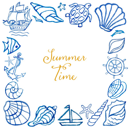 Vector watercolor background with seashells, stars, fish.のイラスト素材