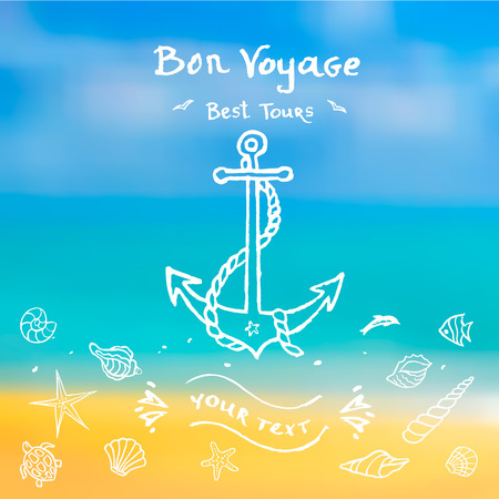 Hand Drawn set of anchors, shells, turtles on blurred background. Voyage for your design.のイラスト素材
