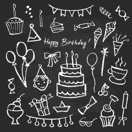 Set handmade sketch items for birthdays and holidays. Vector illustration.のイラスト素材