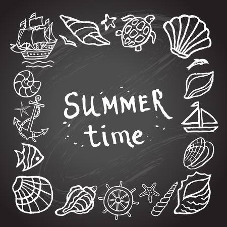 Vector frame with sea shells, star fish on the chalk Board.のイラスト素材