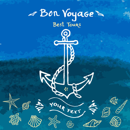 Watercolor set of design elements on the marine theme for logos and labels. Vector illustration.のイラスト素材