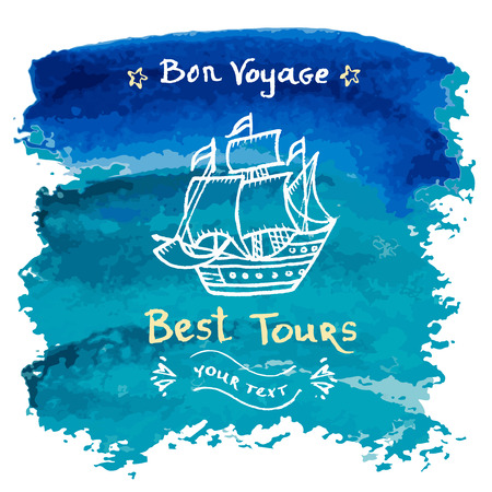 Watercolor set of design elements on the marine theme for logos and labels. Vector illustration.のイラスト素材