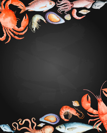 Watercolor set of seafood from lobster, crab, fish, squid, octopus, shrimp, shells on chalk Board for your menu or design, vector illustration.のイラスト素材