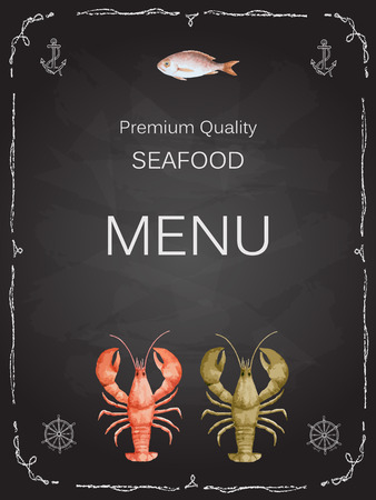 Watercolor set of seafood from lobster, crab, fish, squid, octopus, shrimp, shells on chalk Board for your menu or design, vector illustration.のイラスト素材