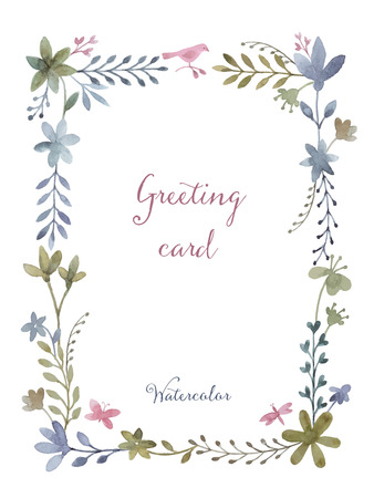 Watercolor rectangular frame of flowers and leaves for greeting cards , invitations, weddings, greeting cards, design elements.のイラスト素材