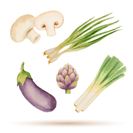 Set of watercolor vegetables,mushrooms, eggplant, artichoke, leek, onion. Vector illustration.のイラスト素材