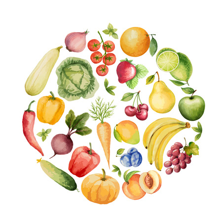 Set of watercolor vegetables and fruits.Template for your design. Vector illustration.のイラスト素材
