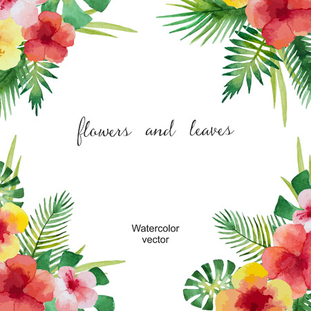Watercolor square frame of green leaves and flowers for your design. Vector illustration.のイラスト素材