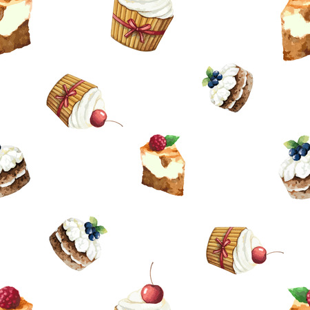 Watercolor seamless pattern with cakes, muffins with berries. Template for your design napkins, menus, packaging and other. Vector illustration.のイラスト素材