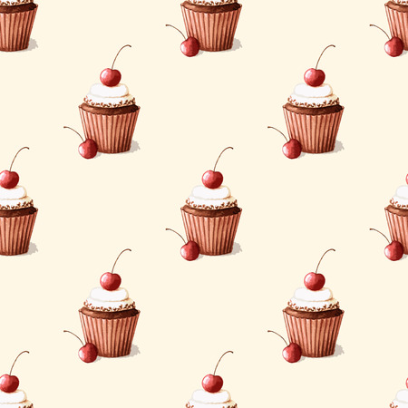 Watercolor seamless pattern with cakes, muffins with berries. Template for your design napkins, menus, packaging and other. Vector illustration.のイラスト素材