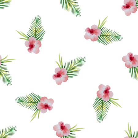 Watercolor seamless pattern with hibiscus flowers and exotic leaves on white background, vector illustration.のイラスト素材