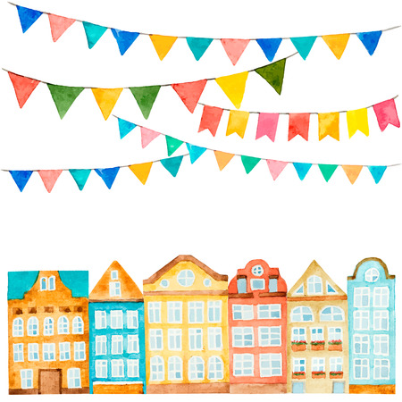 Watercolor of the house and flags isolated on white のイラスト素材