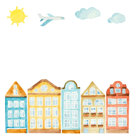 Watercolor house, clouds, airplane, sun on a white background. Vector illustration.のイラスト素材