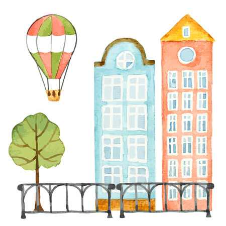 Watercolor elements of urban design, house, tree, fence, balloon.Vector illustration.のイラスト素材