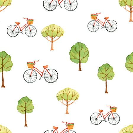 Watercolor seamless pattern, trees and bike. Vector illustration.のイラスト素材