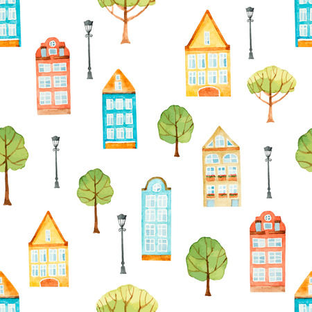 Watercolor seamless pattern, houses, trees, lights.  Vector illustration.のイラスト素材