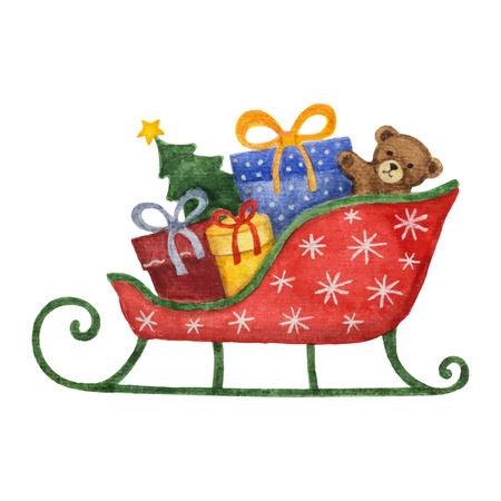 Watercolor sleigh with presents, Christmas tree and  Teddy bear. Design element for Christmas.のイラスト素材