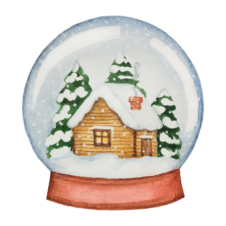 Watercolor glass ball with a house and pine trees. Illustration for Christmas and new year.のイラスト素材