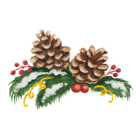 Watercolor Christmas illustration of fir tree branches and cones.のイラスト素材