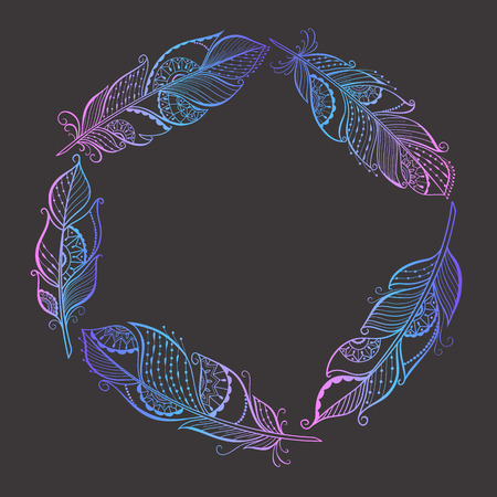 Hand drawn round frame colored feathers. Vector element for your design.のイラスト素材