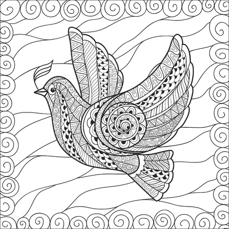 Zentangle stylized floral Pigeon for Peace Day. Hand Drawn Dove of peace vector illustration. Can be used as coloring in your project.のイラスト素材