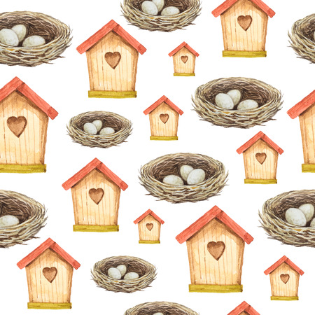 Birdhouse and nest watercolor seamless pattern. Hand painted illustration.の写真素材