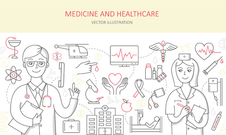 Modern of thin linear concept on a theme medicine and Health symbols. High quality modern concepts. Doodle design style concept  of medicine and healthcare.のイラスト素材