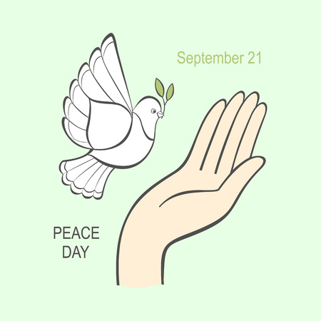 White dove with an olive branch and the human hand for international day world. Vector art isolated on background.のイラスト素材