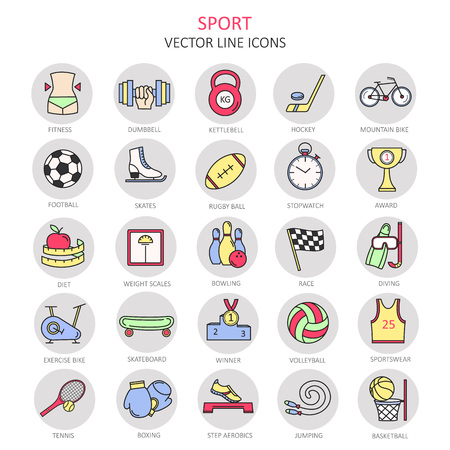 Modern color thin line icons on sports themes. High quality  for modern concepts. Label for sports organizations. Flat style icons for your collection.のイラスト素材