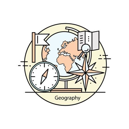 Modern color thin line concept of geography for school, university and training.Vector illustration with different elements on the topic of geography.  Concepts for Trendy Designs.のイラスト素材
