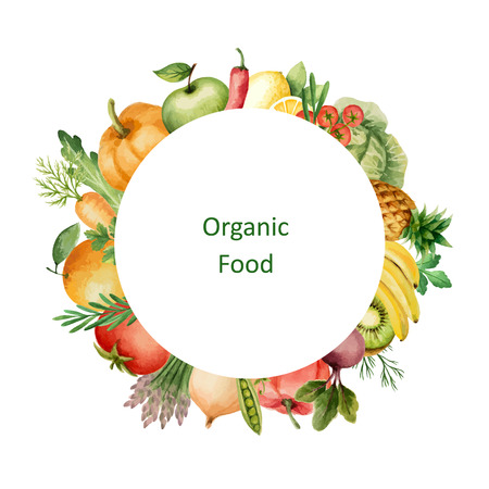 Watercolor painted organic fruits and vegetables. Design element for a healthy lifestyle, diet menu and eco food. Place for your text.Vector illustration.のイラスト素材