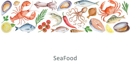 Watercolor set of seafood, vegetables and spices. The perfect design for packaging, kitchen decor, natural and organic products. Banner with place for your text.の写真素材