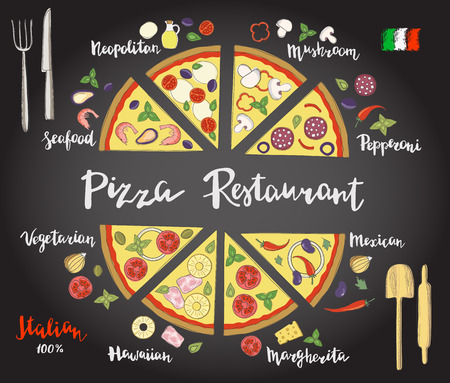 Vector set of hand drawn slices of pizza popular varieties, margarita, neapolitan, pepperoni, mexican, hawaiian, seafood, vegetarian and hand lettering isolated on a on the chalk board.のイラスト素材