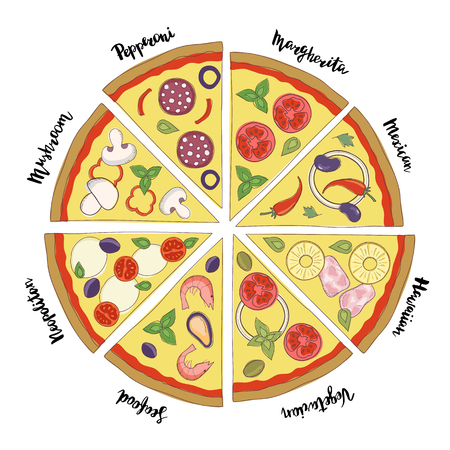 Vector set of hand drawn pizza popular varieties, Margarita, Neapolitan, Pepperoni, Mexican, Hawaiian, Seafood, Vegetarian and hand lettering isolated on a white background.のイラスト素材