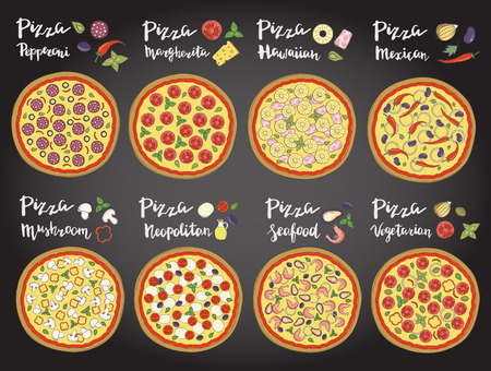 Vector set of hand drawn pizza popular varieties, Margarita, Neapolitan, Pepperoni, Mexican, Hawaiian, Seafood, Vegetarian and hand lettering isolated on a on the chalk board.のイラスト素材