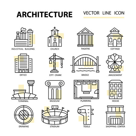 Set of modern linear icons with architecture elements. Vector illustration for design.のイラスト素材