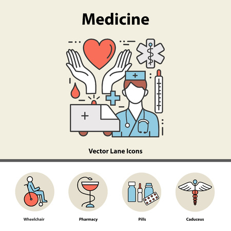 Modern color thin line concept of medicine and health symbols. Art design icons in flat style. for trendy designs. line background.のイラスト素材