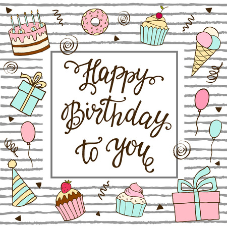 Happy Birthday lettering and sweet cake. illustration for greeting cards, menus, invitations and birthday.のイラスト素材