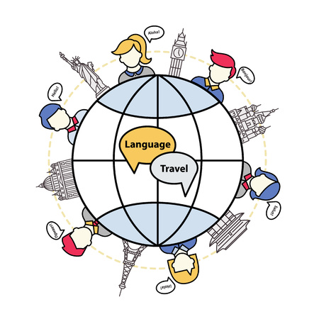 for the language of tourism. with the worlds landmarks and icons of people with speech bubbles in different languages.のイラスト素材