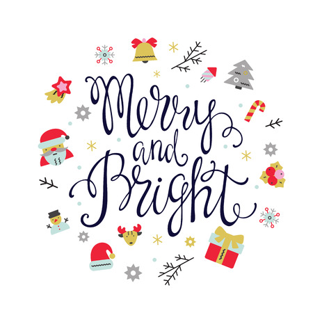 Christmas greeting card with flat icons elements and lettering. illustration for invitation and celebration.のイラスト素材