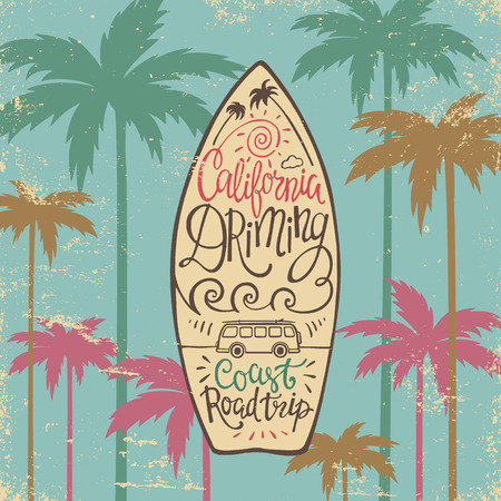 Hand lettering poster with the inscription California dreaming in the form of surfboards. Vector illustration for posters, t-shirts, bags and other.のイラスト素材