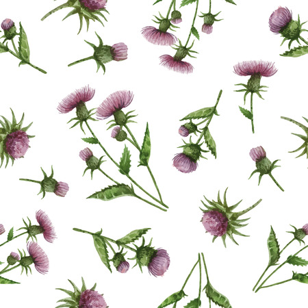 Watercolor seamless pattern with milk Thistle flowers and branches. Vector background for textile, paper and other print and web projects.のイラスト素材