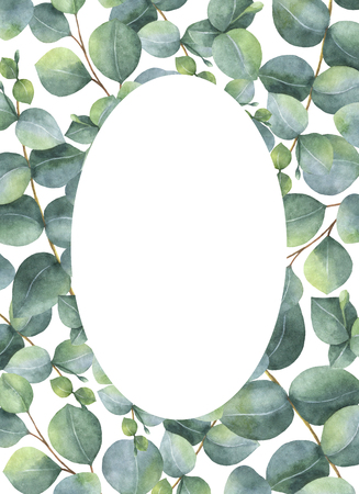 Watercolor hand painted oval wreath with silver dollar eucalyptus.の写真素材
