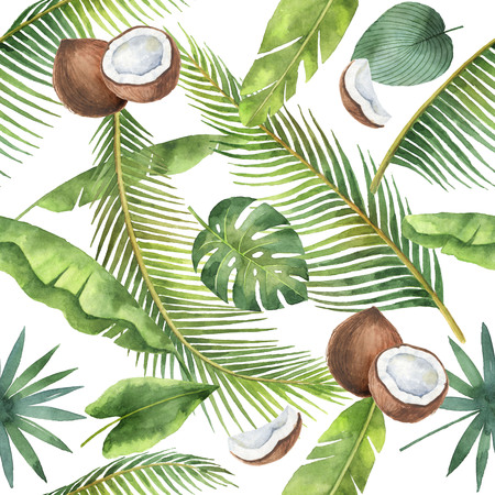 Watercolor seamless pattern of coconut and palm trees isolated on white background.の写真素材