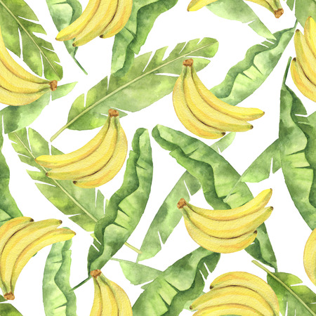 Watercolor seamless pattern with tropical green leaves and yellow bananas isolated on white background.の写真素材
