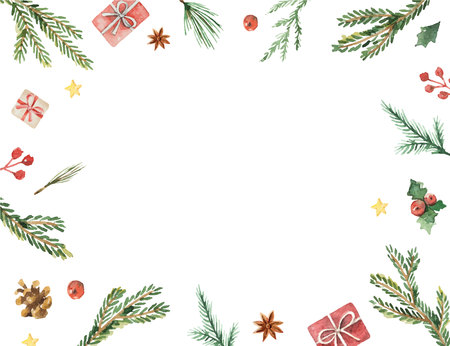 Watercolor vector Christmas frame with fir branches and place for text.のイラスト素材